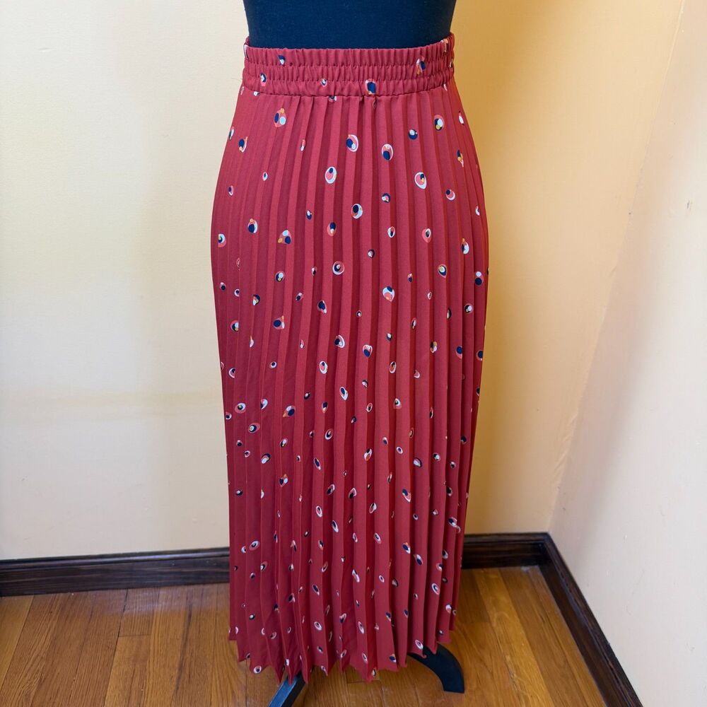 NWT Max Studio Pleated Maxi Skirt S Rust Red Abstract Polka Dot Elastic Waist